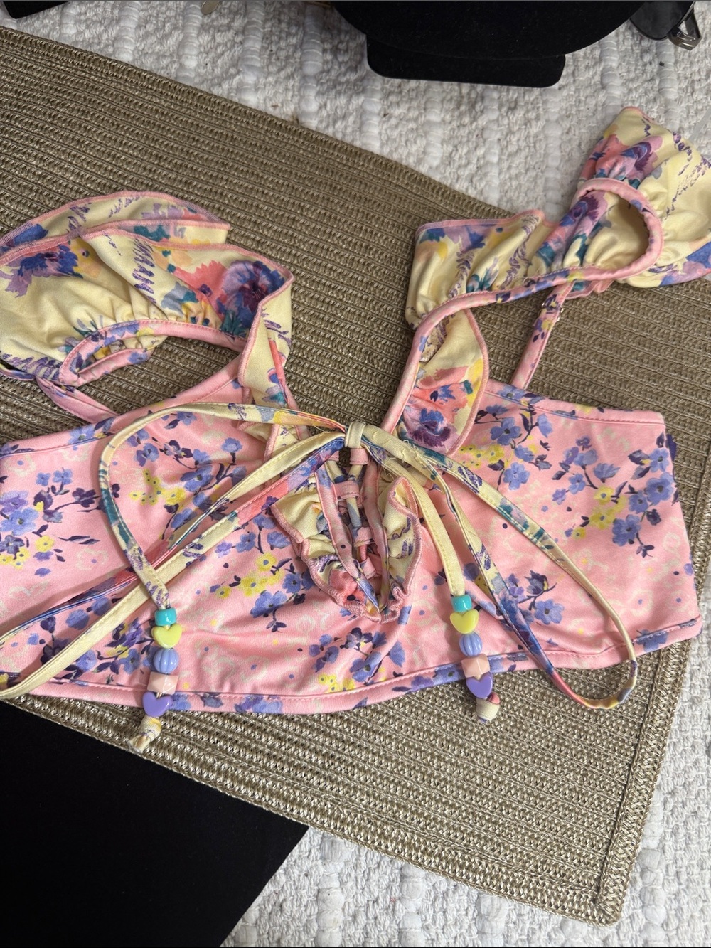 LoveShackFancy XS Pink Floral Ruffle Bikini Set Beaded Tie Front Coquette - Picture 4 of 11